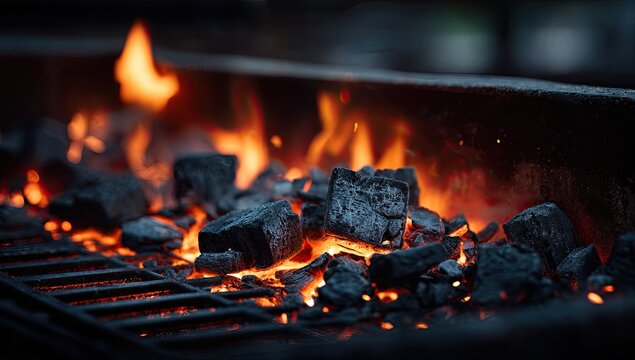 Close-up of glowing charcoal briquettes with flames rising, inside a metal grilling apparatus