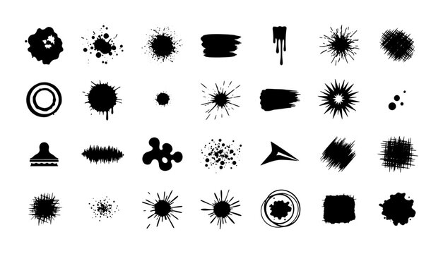 Grunge ink splatter collection, 28 black paint splash vector elements, hand drawn liquid blot and spray shapes for artistic design