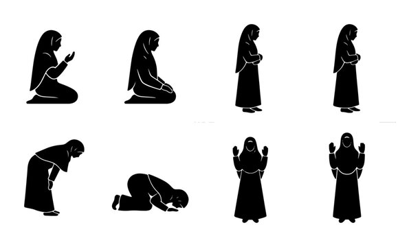 Muslim woman praying silhouette set, 8 Islamic prayer positions vector icons, female character performing Salah steps, religious worship graphics