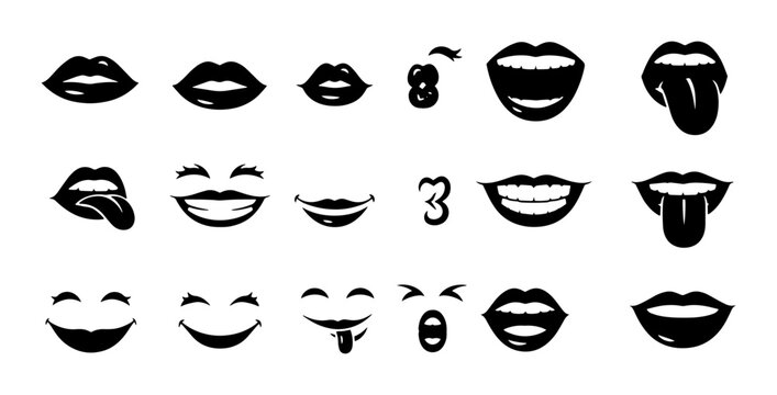 Retro black and white lips vector set, 18 comic style mouth expressions with teeth and tongue, vintage pop art female smile icons for fashion design