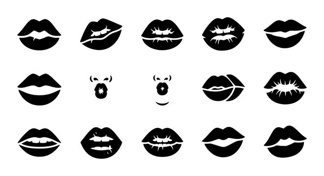 Black silhouette lips collection, 15 female mouth vector icons, sexy lipstick kiss marks and expressive lip shapes for beauty and fashion design
