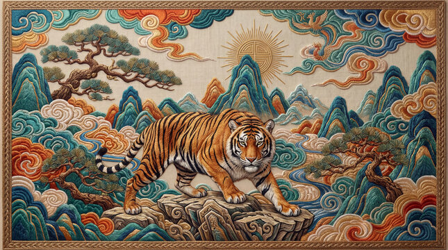 Majestic tiger standing on a rocky outcrop with a background of mountains and auspicious clouds in a traditional Asian style