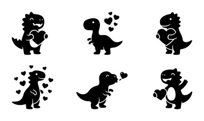 Cute dinosaur silhouettes with hearts, set of 6 romantic t-rex and brontosaurus icons, black prehistoric animal vector graphics for Valentine's Day © Lamiya