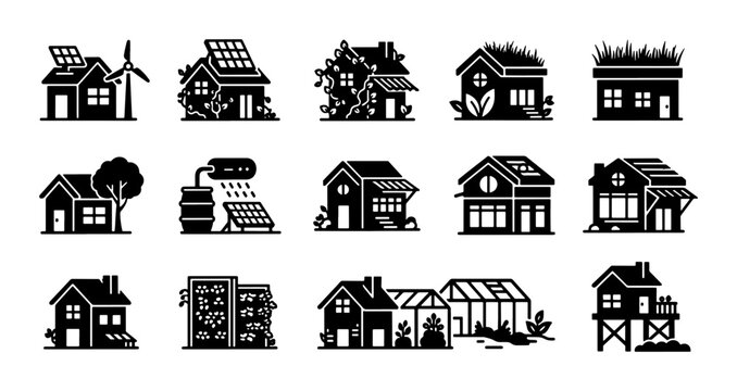 Eco friendly house icons set, sustainable green building vector collection, 15 black silhouette home symbols with solar panels and wind turbines