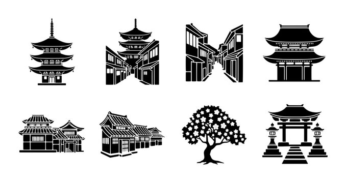 Traditional Japanese architecture icons, black silhouette pagoda and temple set, 8 oriental building vector elements for travel and culture design