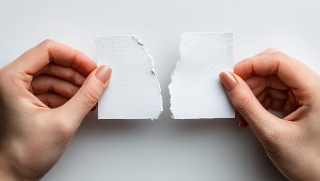 Hands holding and tearing a blank, white piece of paper in half on a white background
