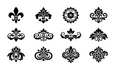 Vintage fleur de lis ornament set, black damask floral decorative elements, 12 royal heraldic vector icons for luxury branding and wedding stationery © Rakibul