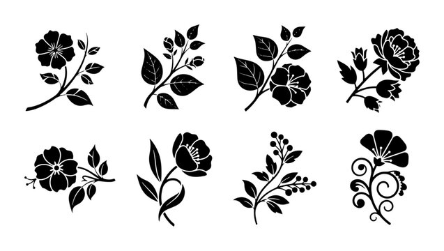 Vintage floral silhouette collection, set of 8 black botanical flower icons, elegant garden blossom vector elements for wedding invitations and logo design