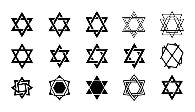 Star of David vector icons set, Jewish religious symbols collection, black Magen David hexagram shapes, 15 geometric Judaica elements for Hanukkah