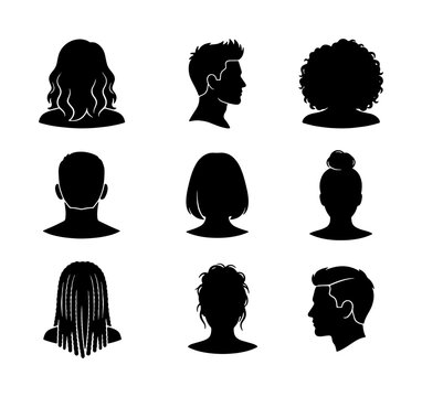 Minimalist human head silhouettes, set of 9 diverse people profile and back view icons, black vector avatar collection for user interface design