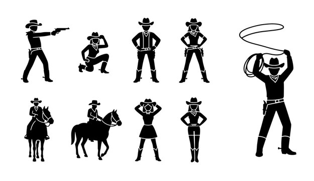 Wild West cowboy silhouettes set, 9 black western character icons, outlaw and cowgirl figures with horses and lasso, vintage frontier vector graphics