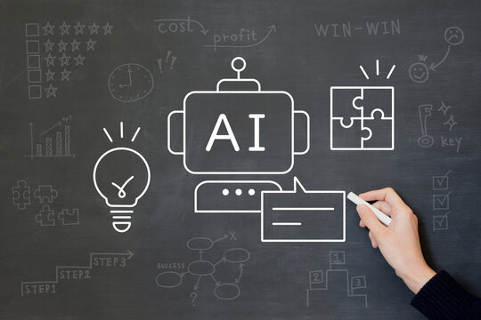 対話型AIを使って答えやアイデアを得る状況を黒板に描く人物