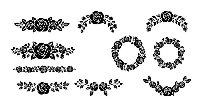 Vintage rose floral borders and wreaths, black silhouette flower dividers set, elegant botanical vector elements for wedding invitations