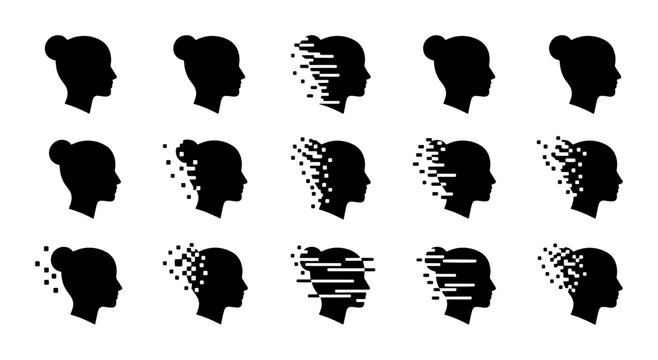Mental health icon set with 15 female head silhouettes, memory loss and dementia concept vectors, psychological disintegration and pixelated brain symbols