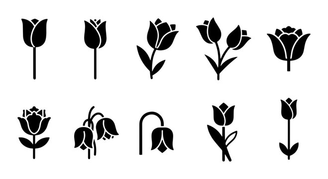 Minimalist tulip flower icons, set of 10 black floral vector silhouettes, elegant spring blossom symbols for logo design and branding