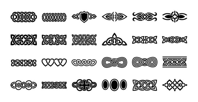 Celtic knot border set, 24 black decorative vector dividers, traditional viking knotwork ornaments, ancient gaelic ethnic pattern collection