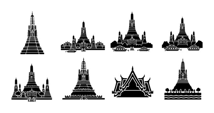 Traditional Thai temple silhouette icons, set of 8 Buddhist pagoda vector illustrations, black religious landmark architecture for travel design