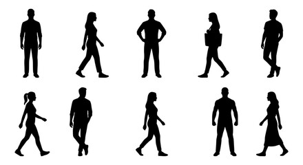 Fototapeta premium Black silhouettes of people walking and standing, set of 10 diverse human figures in various poses, flat vector icons of men and women
