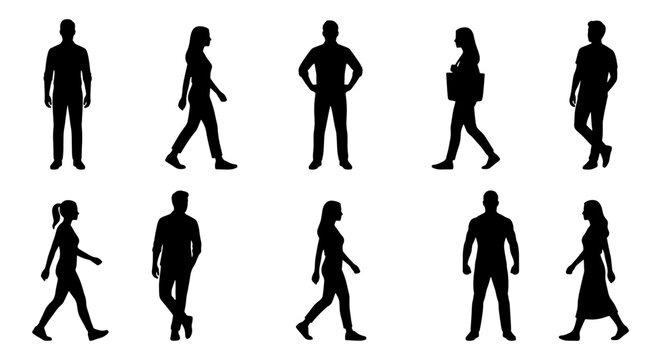 Black silhouettes of people walking and standing, set of 10 diverse human figures in various poses, flat vector icons of men and women
