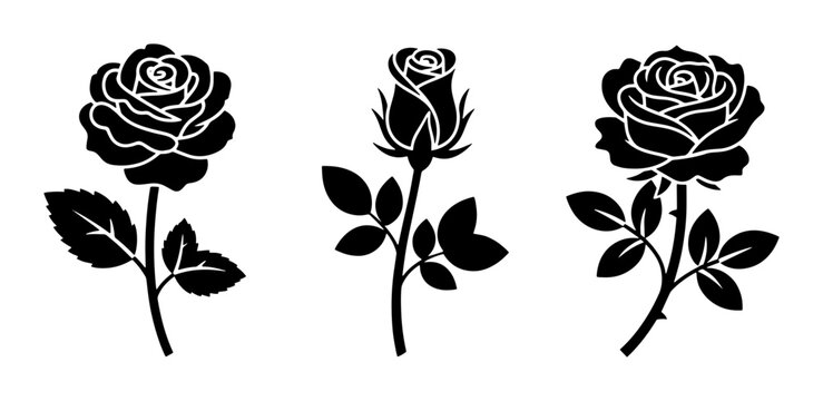 Black rose silhouette vector set, elegant floral blossom icons with stems and leaves, minimalist botanical rose flower collection for wedding decor