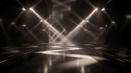 Fototapeta premium Dark, futuristic 3D hallway with intersecting warm spotlights creating intricate light patterns on the floor.