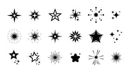 Sparkle star icon set, black celestial twinkle vector elements, 18 decorative glowing starburst symbols, minimalist magic shine shapes for design © Shariful