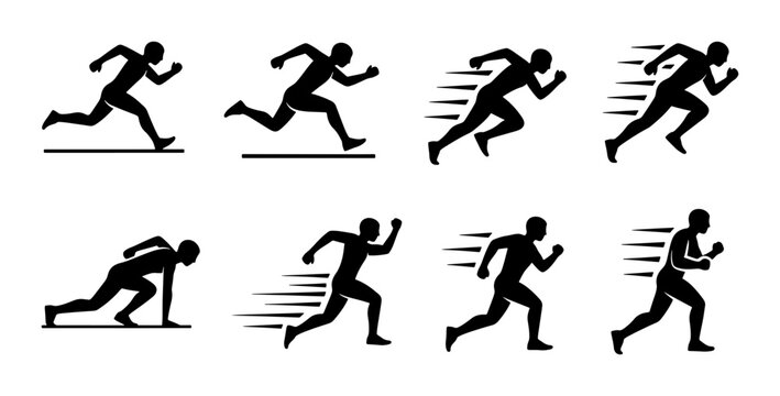 Running man silhouette icons, set of 8 athlete sprinter vector symbols, fast motion speed effect graphics, black minimalist sport figures