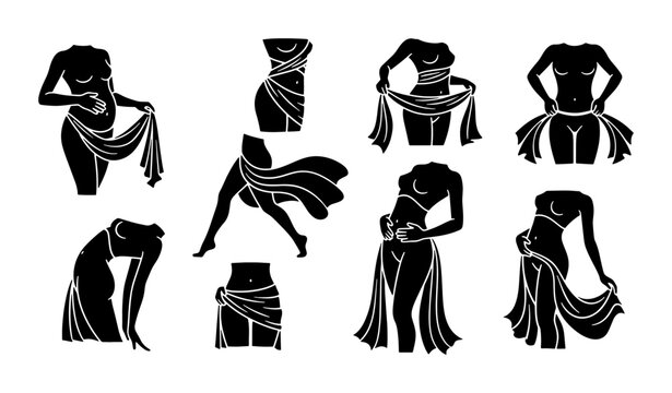 Ancient Greek goddess silhouettes, set of 8 female torso vector icons with draped fabric, classical marble statue aesthetic, elegant woman body art