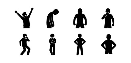 Human body language silhouettes, set of 8 icons showing various emotions and poses, black stick figure people expressing feelings and physical states © Shariful