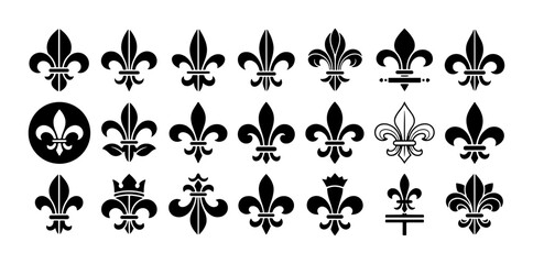 Vintage fleur de lis icons set, black heraldic lily symbols collection, 21 vector fleur-de-lis silhouettes for royal branding and luxury design © Sumaiya