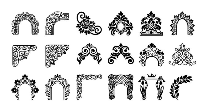 Vintage ornamental corner set, 18 black filigree borders and frames, elegant victorian floral flourishes, decorative scrollwork vector elements