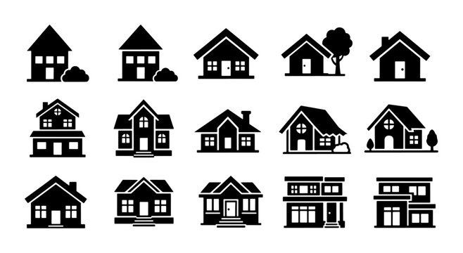 Minimalist house icon set, 15 black residential building silhouettes, modern home exterior vector graphics for real estate and architectural maps