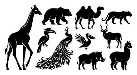 Fototapeta premium Global Wildlife and Safari Animal Silhouette Icon Set Minimalist Black Vector Illustration for Nature Conservation and Zoo Branding