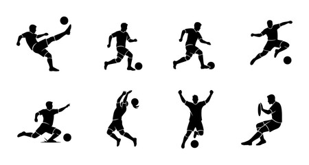 Soccer player silhouettes set, 8 football athlete vector icons, professional soccer players kicking and dribbling ball, black athletic figures on white © Sumaiya