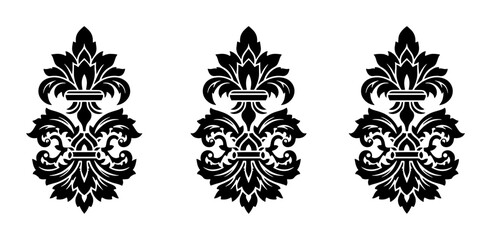 Vintage fleur de lis damask ornaments, black floral heraldic vector elements, set of 3 classic lily motifs for luxury branding and invitation design © Jannat