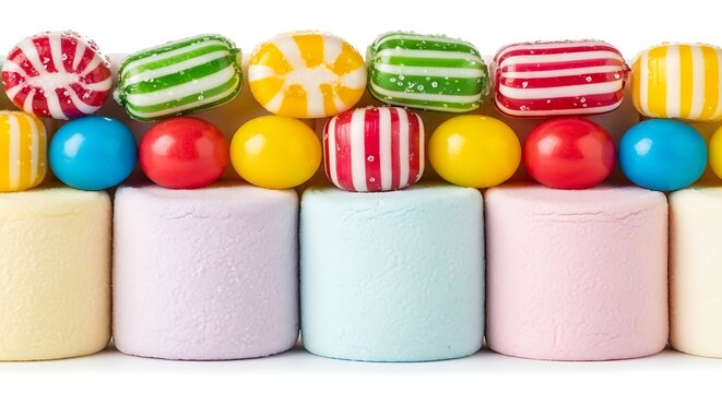 Colorful macarons and candy stacked high.