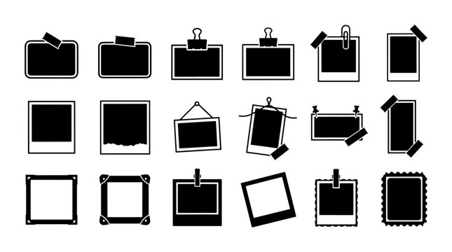 Minimalist photo frame icons set, 18 black and white polaroid border vectors, vintage picture frames with tape and clips for scrapbooking