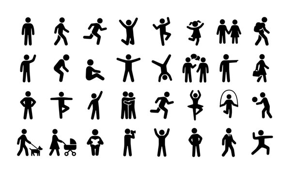 Black stick figure icons set, 32 human silhouette pictograms showing various actions and poses, minimalist people vector symbols for infographics