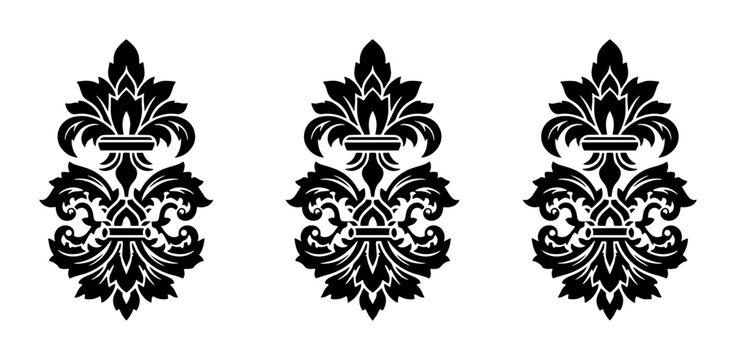 Vintage fleur de lis damask ornaments, black floral heraldic vector elements, set of 3 classic lily motifs for luxury branding and invitation design