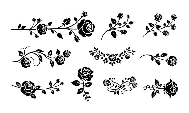 Vintage rose silhouette collection, black floral branch vector set, elegant rose flower illustrations for wedding invitations and tattoo design
