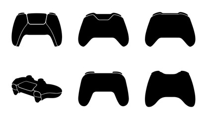 Video game controller silhouettes, set of 6 gaming gamepad icons, black joystick vector elements for esports and gaming UI design © Jannat