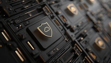 Fototapeta premium Futuristic digital network board with glowing gold cloud shield icons