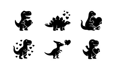 Cute dinosaur silhouette collection with hearts, set of 6 romantic prehistoric animal icons, black dino vector graphics for Valentine's Day © Jannat