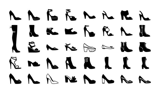 Black footwear silhouette icons set, 40 women shoes vector collection, elegant high heels and fashion boots illustrations for retail and web design