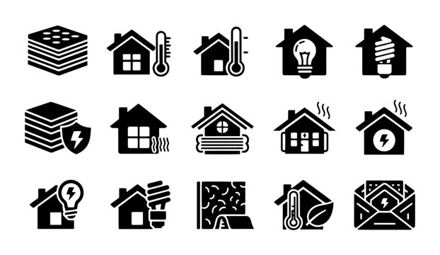 Energy efficient home insulation icons, 15 black solid vector symbols for thermal house protection, residential heating and cooling efficiency set