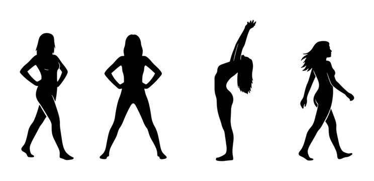 Athletic woman silhouette vector set, female fitness model posing in activewear, 4 black silhouettes of girl in yoga and workout poses