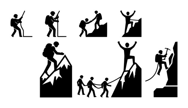 Mountain climbing icon set, black silhouette mountaineering pictograms, rock climbing and hiking adventure vector elements for outdoor sports