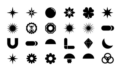 Minimalist brutalist shapes and y2k icons set, 24 black geometric vector elements, abstract celestial stars and retro futuristic symbols for graphic design © Tanzila