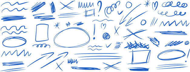 Obraz premium Hand-drawn messy blue pen school doodles. Abstract scribbles, naive scratches set. Text highlight lines, circles, underlines and scrawl. Vector pencil brush scratches isolated collection.