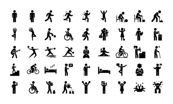 Human pictogram icon set, 45 black stick figure symbols of people in various activities, lifestyle and daily routine vector silhouettes for infographics